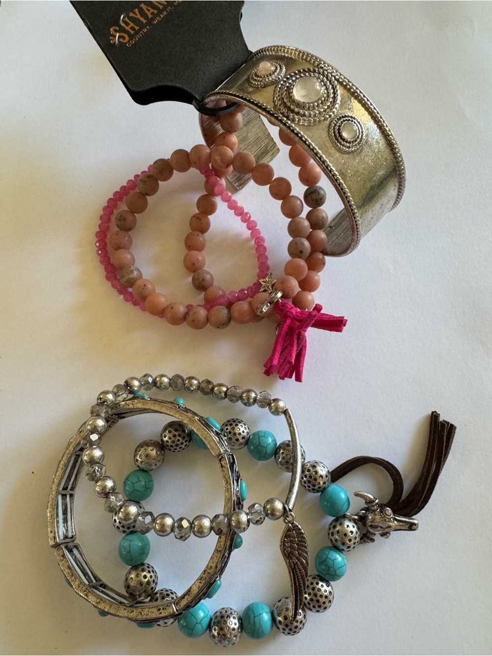 Shyanne Pink Tassel & Turquoise Bead Bracelet Set with Silver Accents